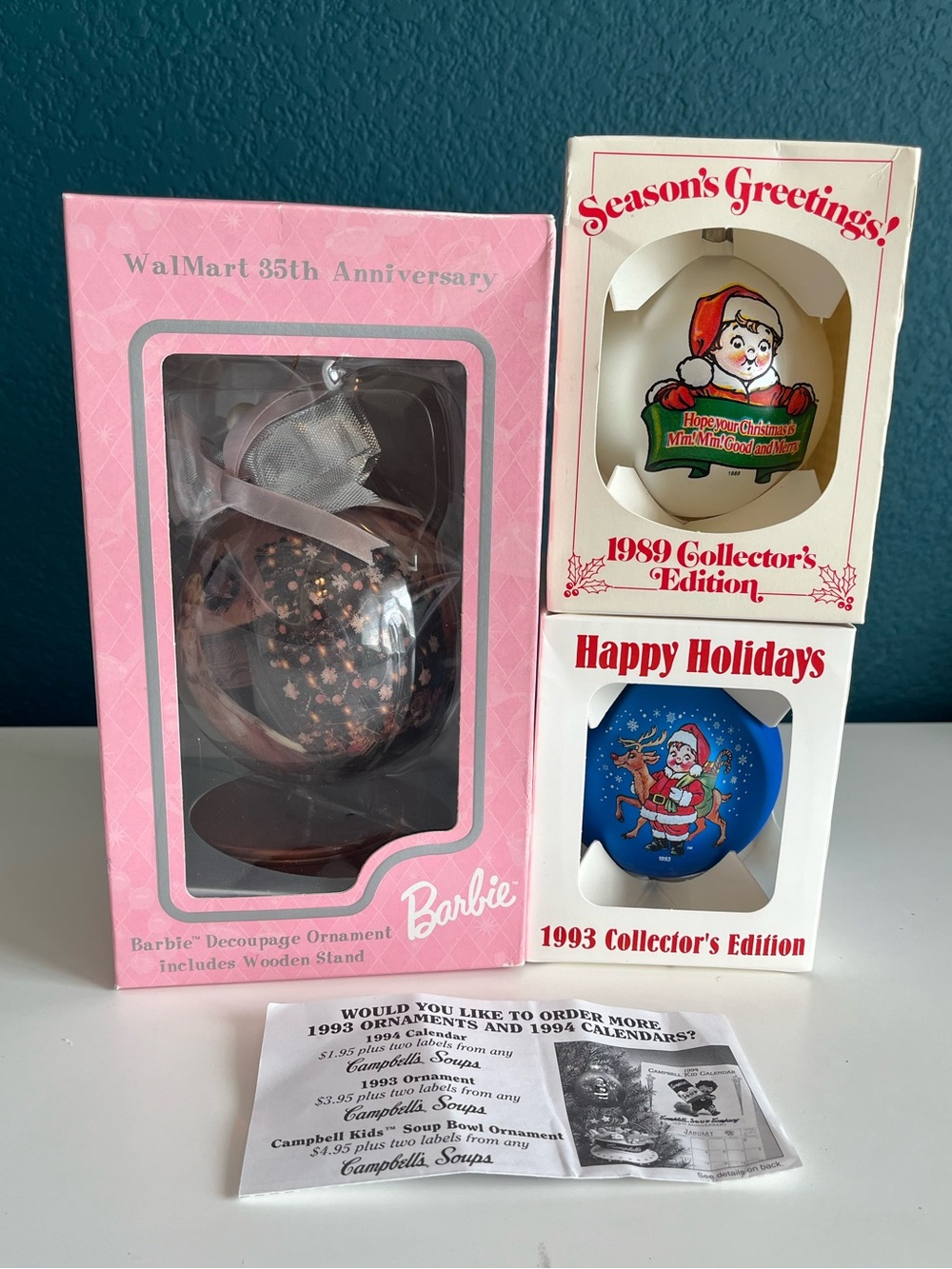 1997 Barbie Walmart 35th Anniversary Campbells 1989 & 1993 Christmas Ornaments.